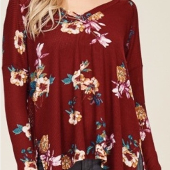 ❌DONATED❌Burgundy Wine Floral Print Waffle V-neck Long Sleeve Top - Picture 4 of 11